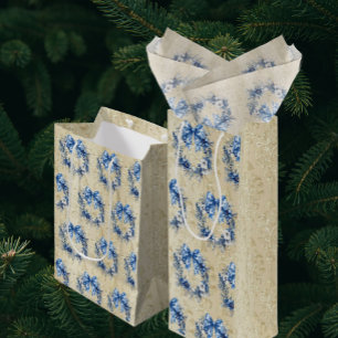 Vintage Chinoiserie Blue White Wreath Faded Damask Wine Gift Bag