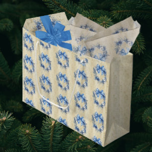 Vintage Chinoiserie Blue Wreath Antique Damask Large Gift Bag