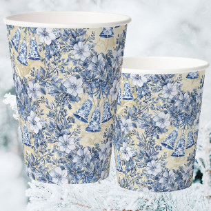 Vintage Chinoiserie Blue Wreath Bells Holiday Paper Cups