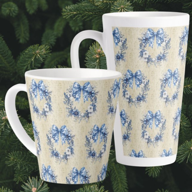 Vintage Chinoiserie Blue Wreath Holiday Christmas Latte Mug (Latte mugs in two sizes. )