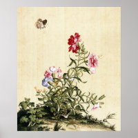 Vintage Chinoiserie Carnations & Butterfly Art