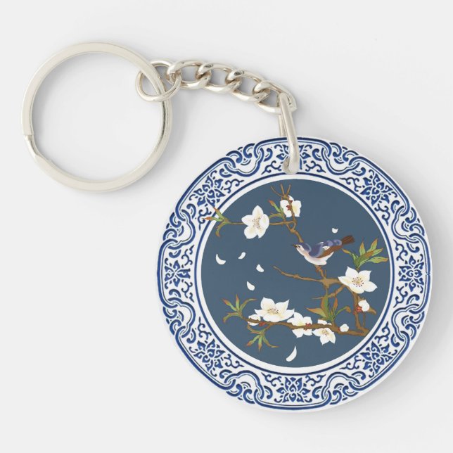 Vintage Chinoiserie Chinese Bird-flower Art Key Ring (Front)