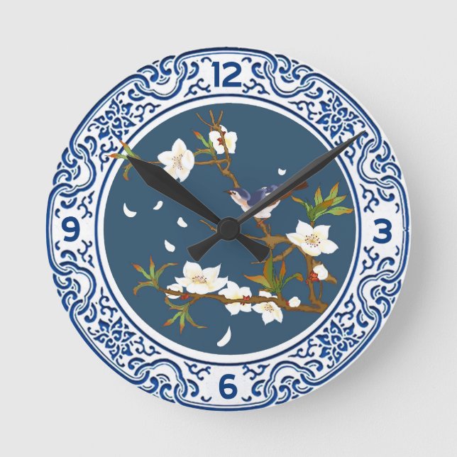 Vintage Chinoiserie Chinese Bird-flower Art Round Clock (Front)