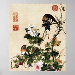 Vintage Chinoiserie Chrysanthemum & Birds Art Poster