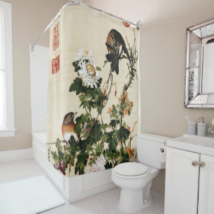 Vintage Chinoiserie Chrysanthemum & Birds Art Shower Curtain