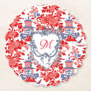 Vintage Chinoiserie Delft French Blue monogram Paper Coaster