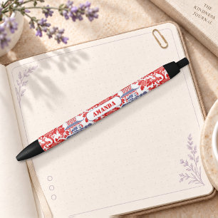 Vintage Chinoiserie Delft French red Blue monogram Black Ink Pen