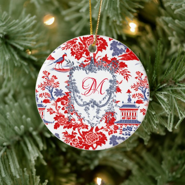 Vintage Chinoiserie Delft French red Blue monogram Ceramic Tree Decoration (Tree)
