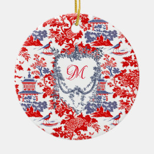 Vintage Chinoiserie Delft French red Blue monogram Ceramic Tree Decoration
