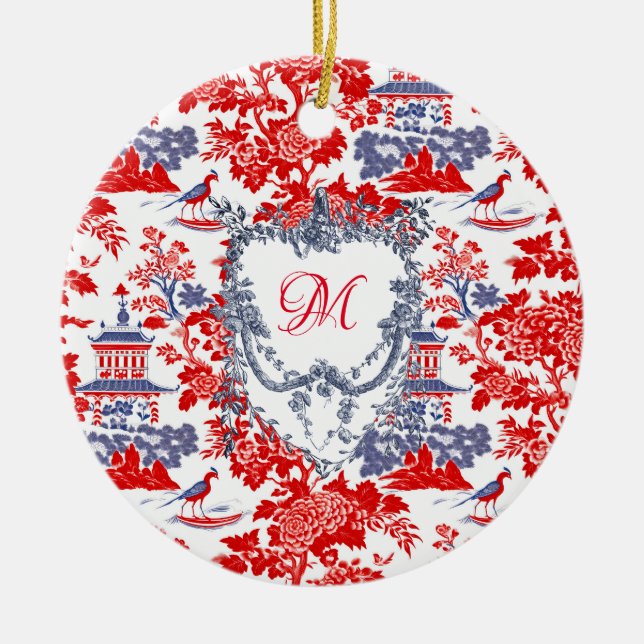 Vintage Chinoiserie Delft French red Blue monogram Ceramic Tree Decoration (Front)
