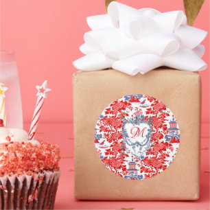 Vintage Chinoiserie Delft French red Blue monogram Classic Round Sticker