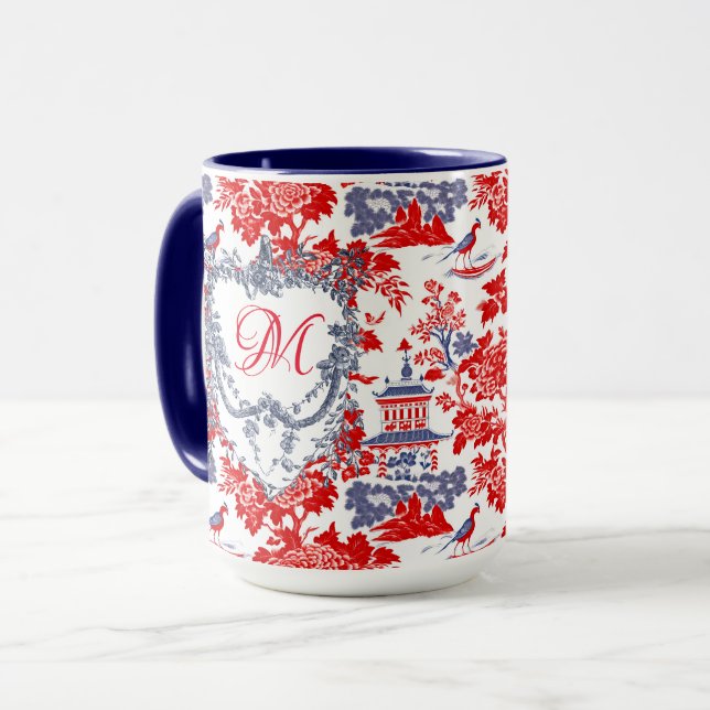 Vintage Chinoiserie Delft French red Blue monogram Mug (Front Left)
