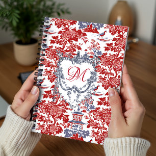 Vintage Chinoiserie Delft French red Blue monogram Notebook