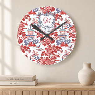Vintage Chinoiserie Delft French red Blue monogram Round Clock