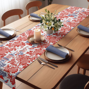 Vintage Chinoiserie Delft French red Blue monogram Short Table Runner