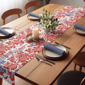 Vintage Chinoiserie Delft French red Blue monogram Short Table Runner