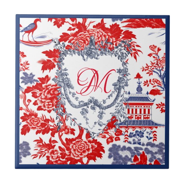 Vintage Chinoiserie Delft French red Blue monogram Tile (Front)