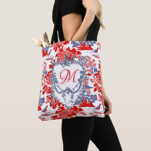 Vintage Chinoiserie Delft French red Blue monogram Tote Bag