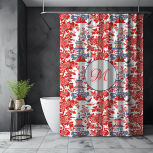 Vintage Chinoiserie Delft Red Blue Monogram Gift Shower Curtain