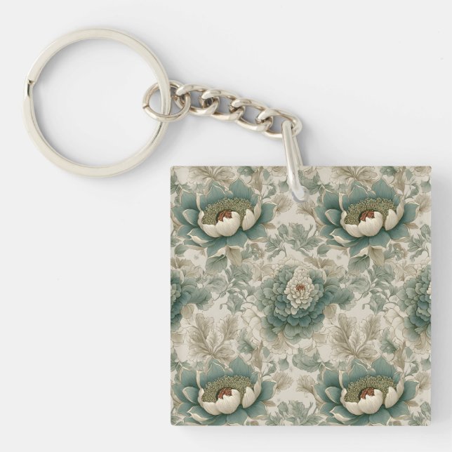 Vintage Chinoiserie Floral Seamless Pattern Key Ring (Front)