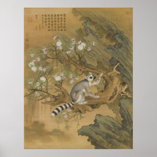 Vintage Chinoiserie Lemur & Peach Blossom Poster
