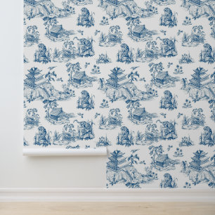 Vintage Chinoiserie Leopard Pagoda Navy & White Wallpaper