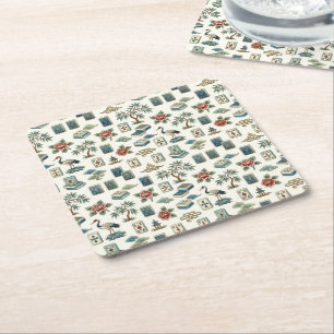 Vintage Chinoiserie Mahjong Tile Square Paper Coaster