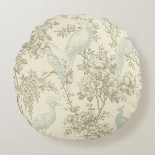 Vintage Chinoiserie Peacock Aviary Floral Pattern Round Cushion