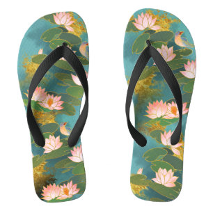 Vintage Chinoiserie Pink Lotus Flowers Bird Green Flip Flops