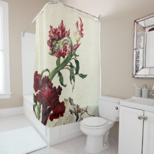Vintage Chinoiserie Red Cockscomb Flower Art Shower Curtain