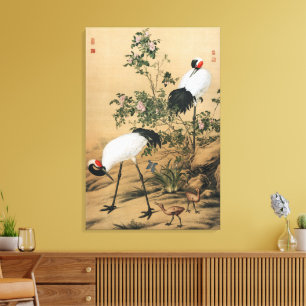 Vintage Chinoiserie Red-Crowned Cranes & Roses Canvas Print