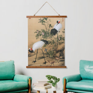 Vintage Chinoiserie Red-Crowned Cranes & Roses Hanging Tapestry