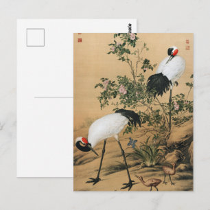 Vintage Chinoiserie Red-Crowned Cranes & Roses Postcard