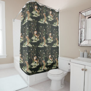 Vintage Chinoiserie Tiger, Peonies,Trees Black  Shower Curtain