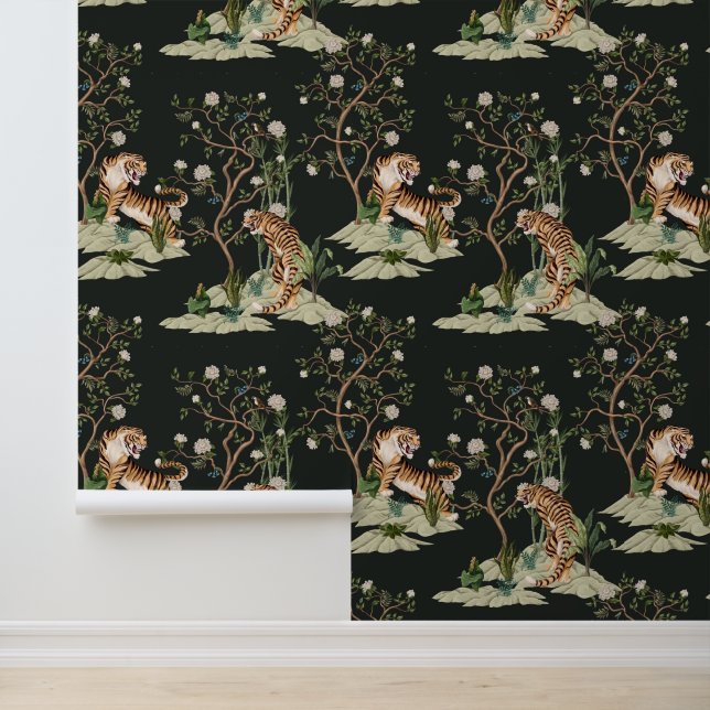 Vintage Chinoiserie Tiger, Peonies,Trees Black  Wallpaper (Application)
