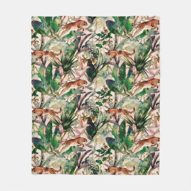 Vintage Chinoiserie Tropical Jungle Fleece Blanket (Front)