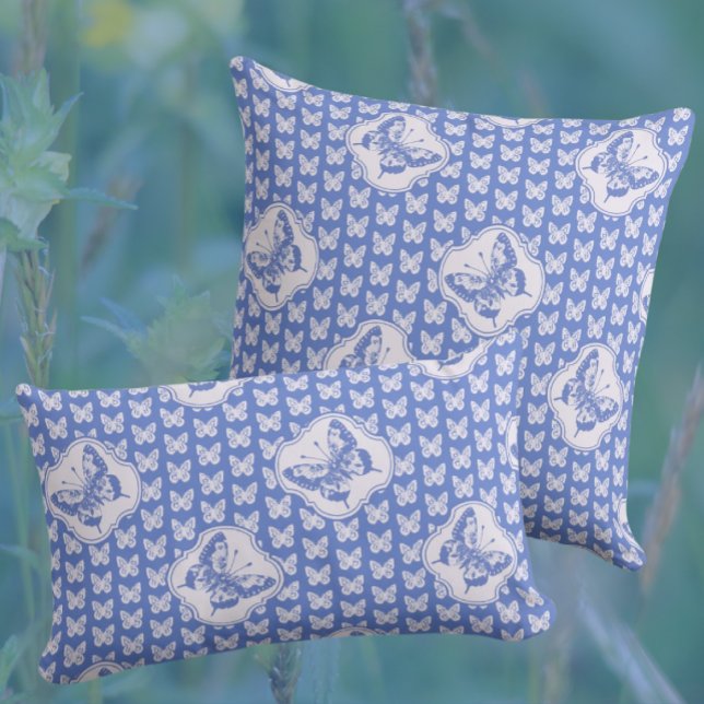 Vintage Chinoiserie White Butterflies on Blue  Cushion (Creator Uploaded)