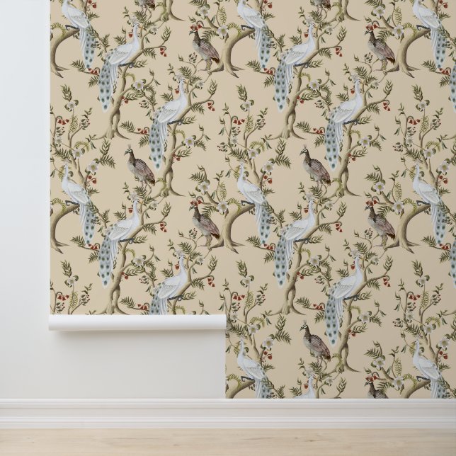 Vintage Chinoiserie White Peacock Peony Almond Wallpaper (Application)