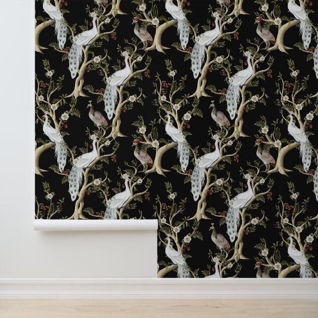 Vintage Chinoiserie White Peacock Peony Black Wallpaper (Application)