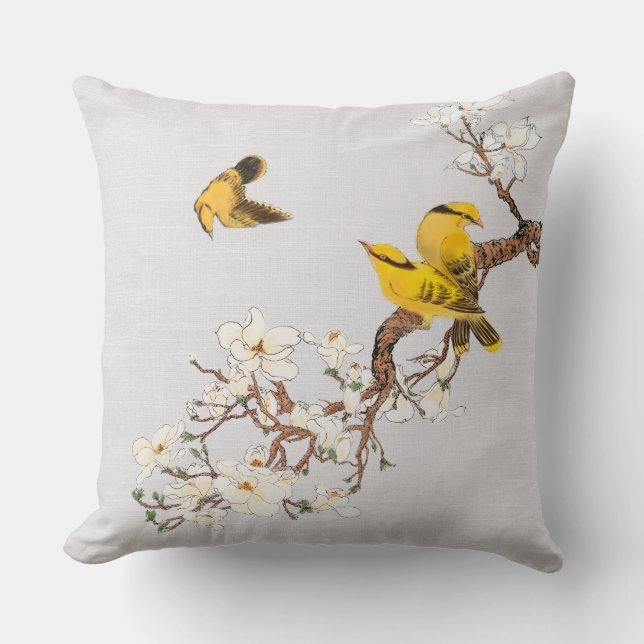 Vintage Chinoiserie Yellow Birds White Flowers Cushion (Front)