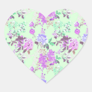 Vintage Chintz Floral Pattern Mint Green Purple Heart Sticker