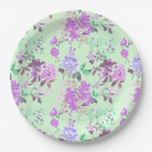 Vintage Chintz Floral Pattern Mint Green Purple Paper Plate