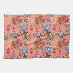 Vintage Chintz Floral Pattern on Coral Background Tea Towel