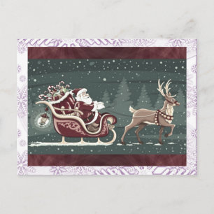 Vintage Chirstmas Santa Claus with sleigh decor Holiday Postcard