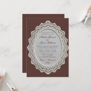 Vintage Chocolate Brown Lace Doily Retro Wedding  Invitation