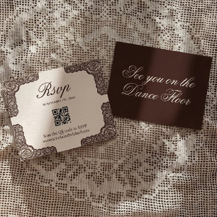 Vintage Chocolate Brown Lace Rose Border Wedding RSVP Card