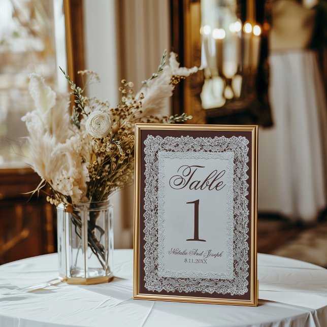 Vintage Chocolate Brown Lace Wedding Table Number (Creator Uploaded)