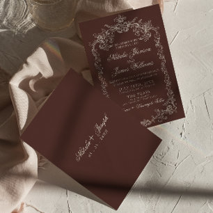 Vintage Chocolate Brown Old Money Fancy Wedding Invitation