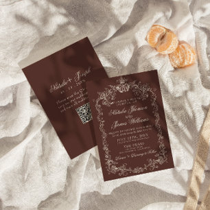 Vintage Chocolate Brown Old Money QR Code Wedding Invitation