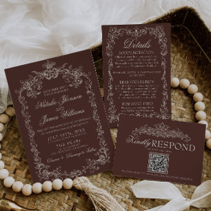 Vintage Chocolate Brown Old Money Retro Wedding Invitation